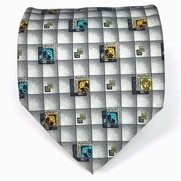 GIANNI VERSACE Vintage 90s Tie Baroque Flower Medusa Grey Squares Plaid Necktie - Picture 1 of 12